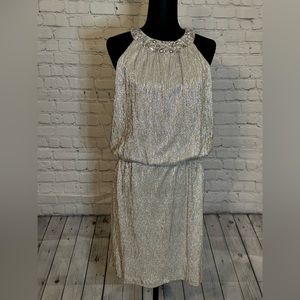 Champagne Shimmer Crinkle Blouson Dress with Clear and Silver Beaded Neckline